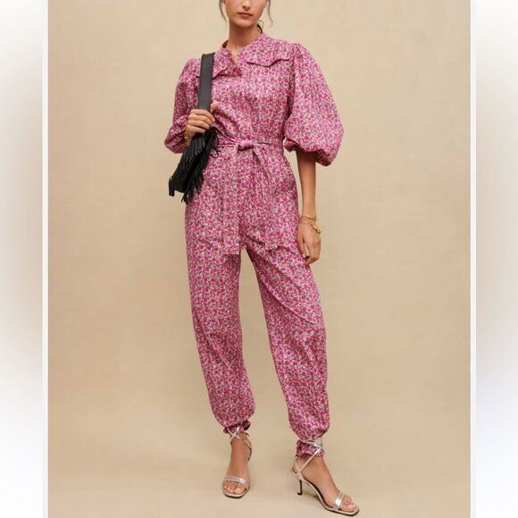 Maje Pants - Maje Pink Floral Jumpsuit eyelet cotton one piece $565 NWT 42 XL